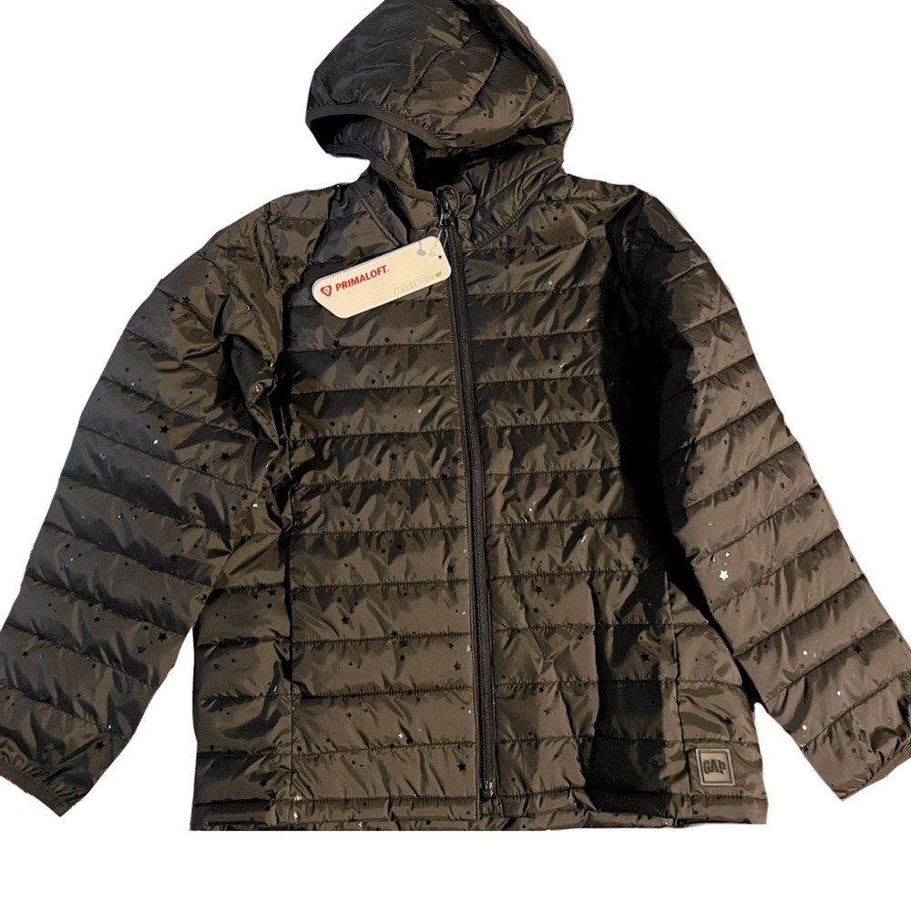 Gap Kids Girls Jacket Hoodie Black Stars Medium 8 Primaloft Lightweight Puffer